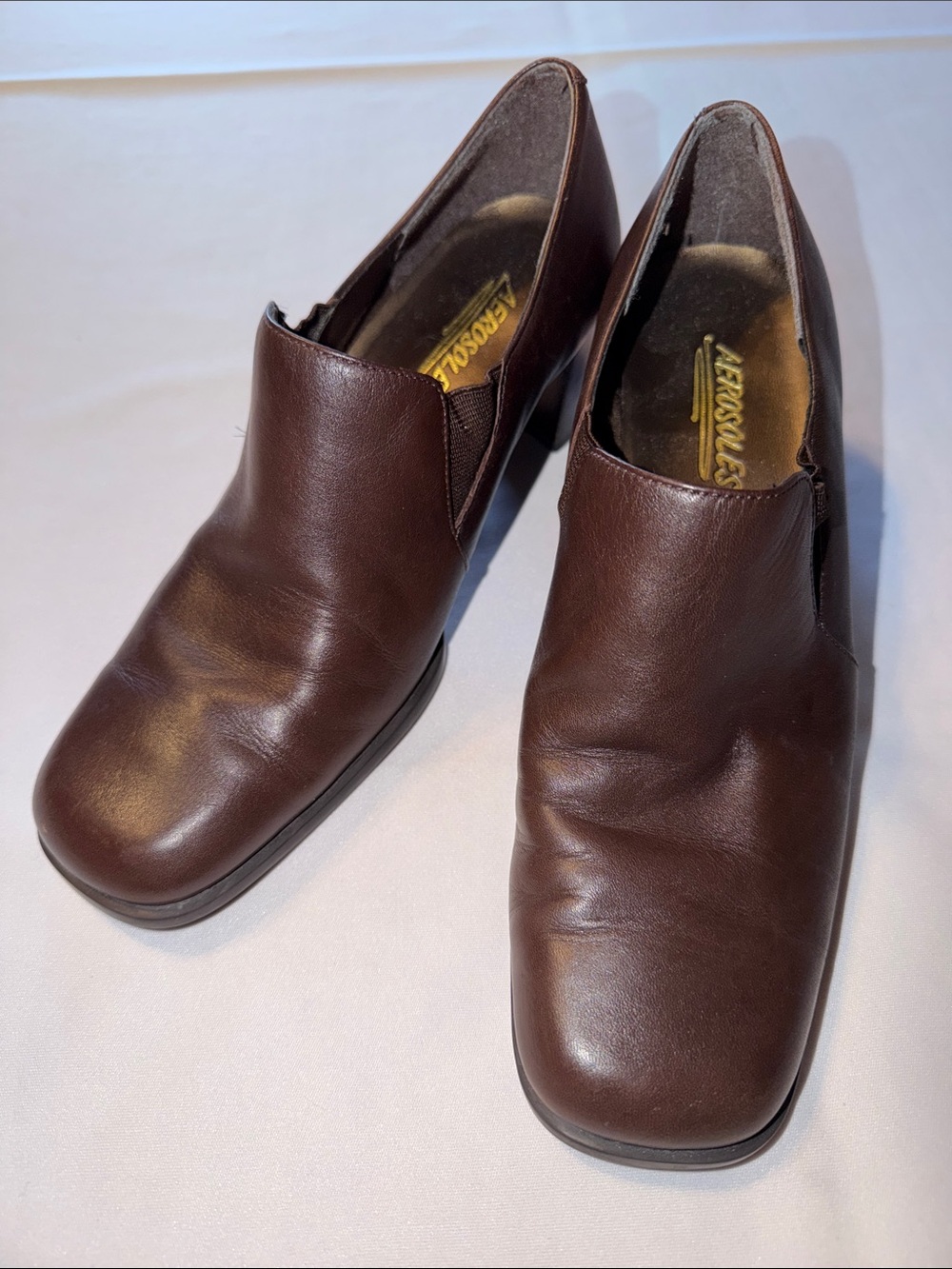 Aerosoles Brown Leather Chunky Block Heel Slip On Square Toe Women's Shoes 7